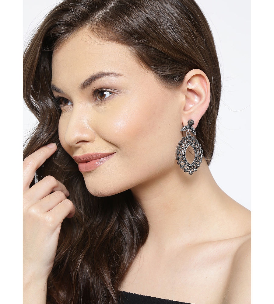 YouBella Grey Silver-Plated Oval Drop Earrings